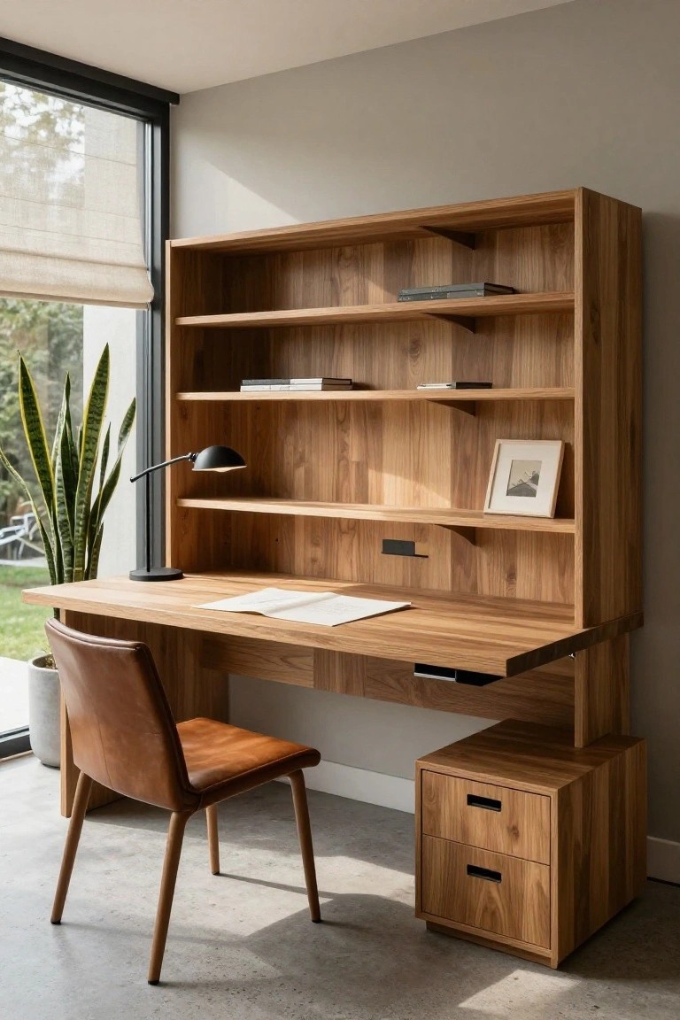 Tall wooden shelving unit with integrated pull-out desk, leather chair, adjustable lamp, books, and potted snake plant in a bright room with large window and sheer blinds.