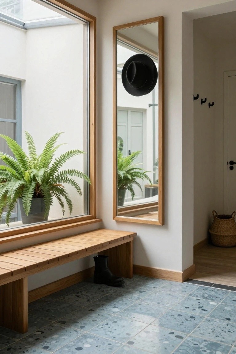 Entryway corner featuring a slatted wooden bench next to a large window with a potted fern, tall wooden-framed mirror with a black hat hanging from it, black boots beside the bench, blue terrazzo floor tiles, coat hooks on the wall, and a woven basket nearby.