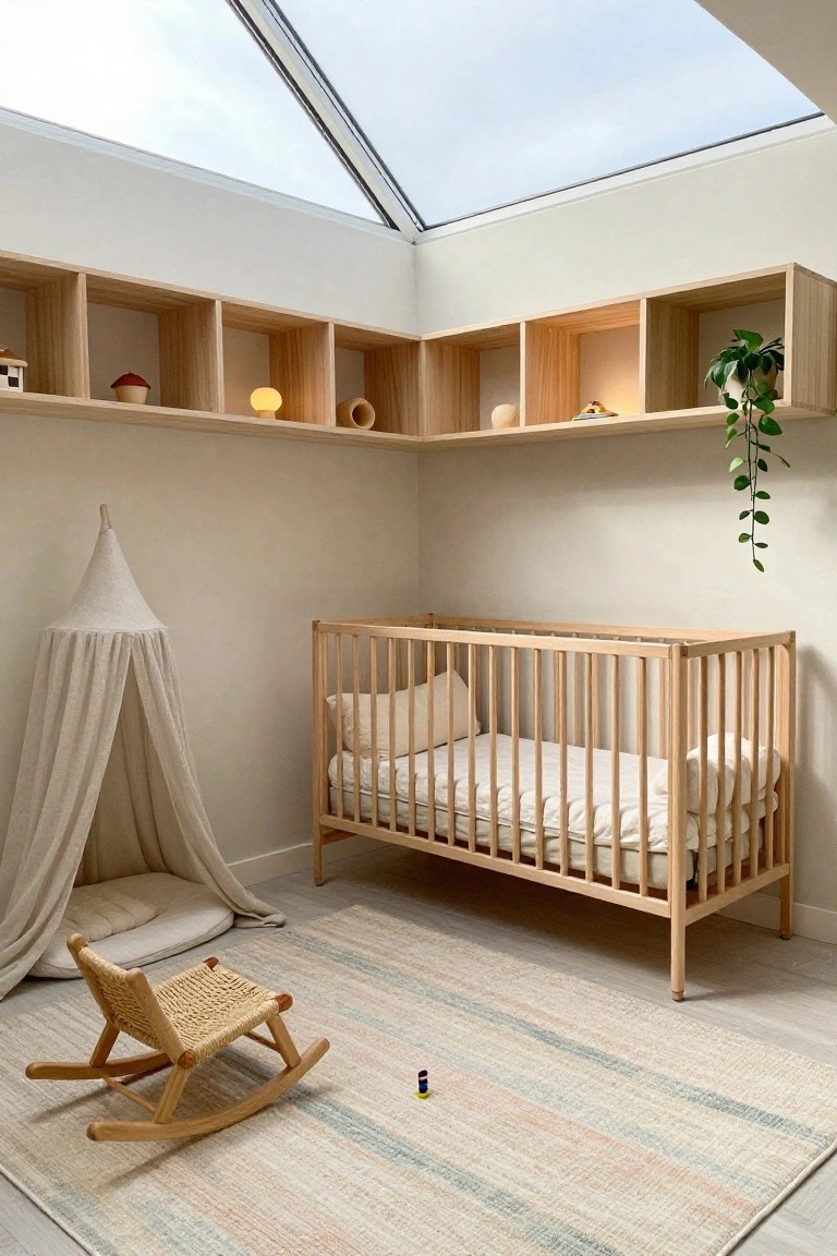 Nursery interior with beige walls, wooden built-in shelves displaying toys and plants, a wooden crib with white bedding and canopy, a small wooden rocking chair on a striped rug, and a skylight in the ceiling.