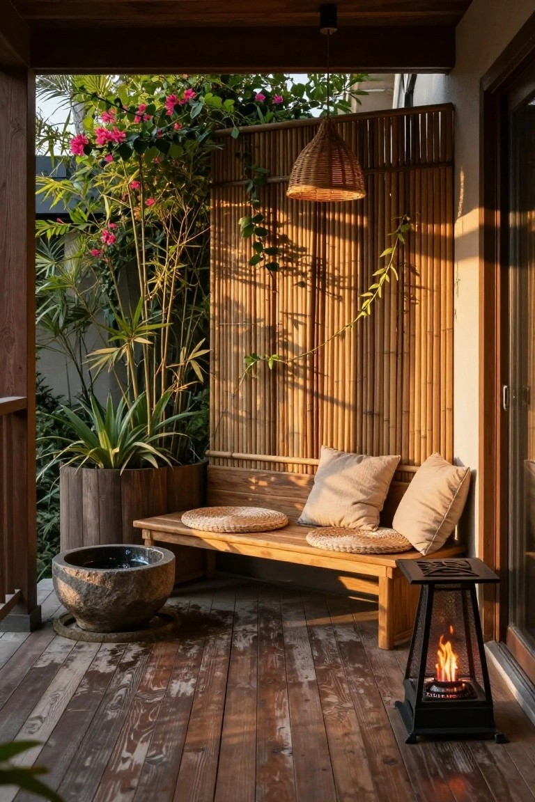 Wooden corner bench with beige cushions on a deck porch, screened by vertical bamboo panels, surrounded by potted plants, a stone basin, hanging lantern, and metal fire lantern.