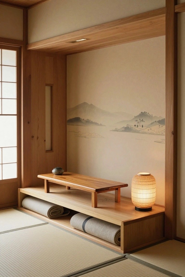 Japanese interior alcove with low wooden bench, built-in storage holding rolled futons, small ceramic bowl on bench, woven lamp on platform, misty mountain wall mural, shoji screens, and tatami floor.