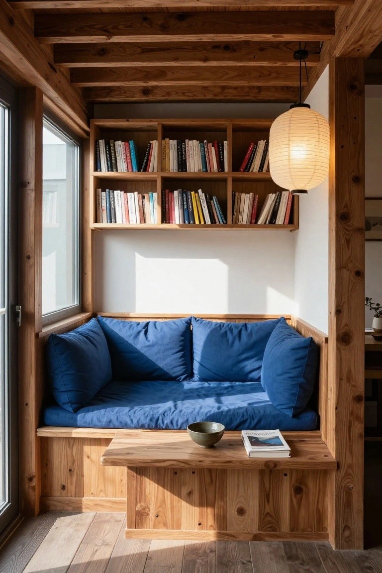 Wooden interior nook with built-in bookshelves above a blue-cushioned bench seat by a large window, low wooden table holding a bowl and open book, exposed timber beams, and hanging paper lantern light.