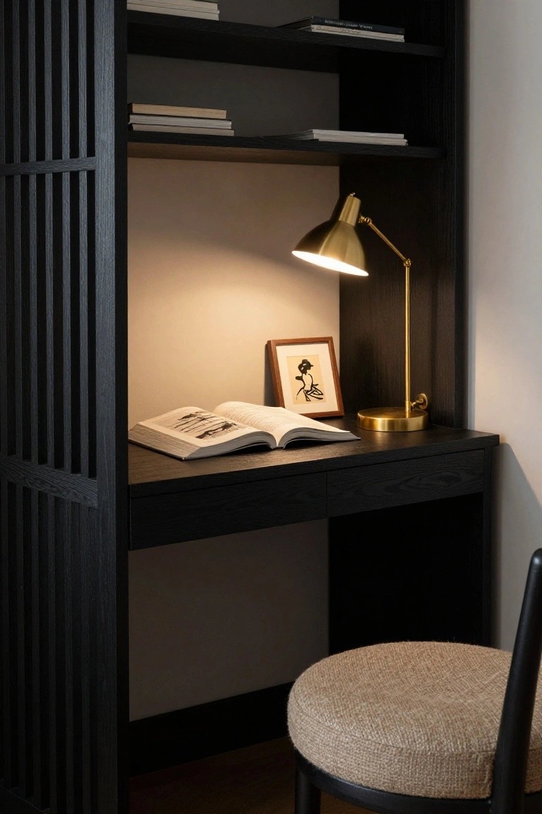 Black wooden desk with integrated lattice screens and open shelves, gold adjustable lamp, open book, small framed ink drawing, and beige round stool in a softly lit room.