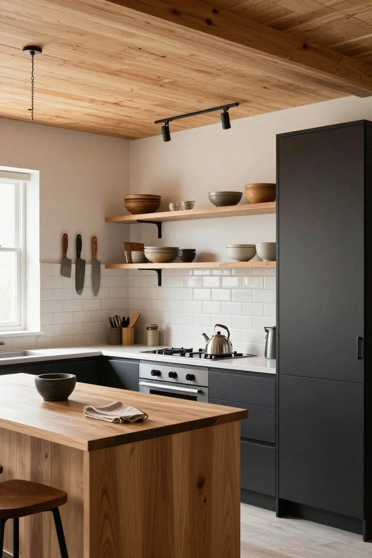 Modern kitchen with light wood plank ceiling and exposed beams, black matte cabinets, wooden island with stool, white subway tile backsplash, and open shelves holding pottery.