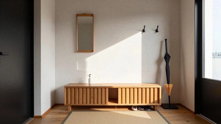 A minimalist entryway with white walls, a rectangular wooden console table holding a gray vase with green plant and black umbrella, brown-framed mirror above, black coat hooks on walls, beige slippers on seagrass rug, and light wood flooring.