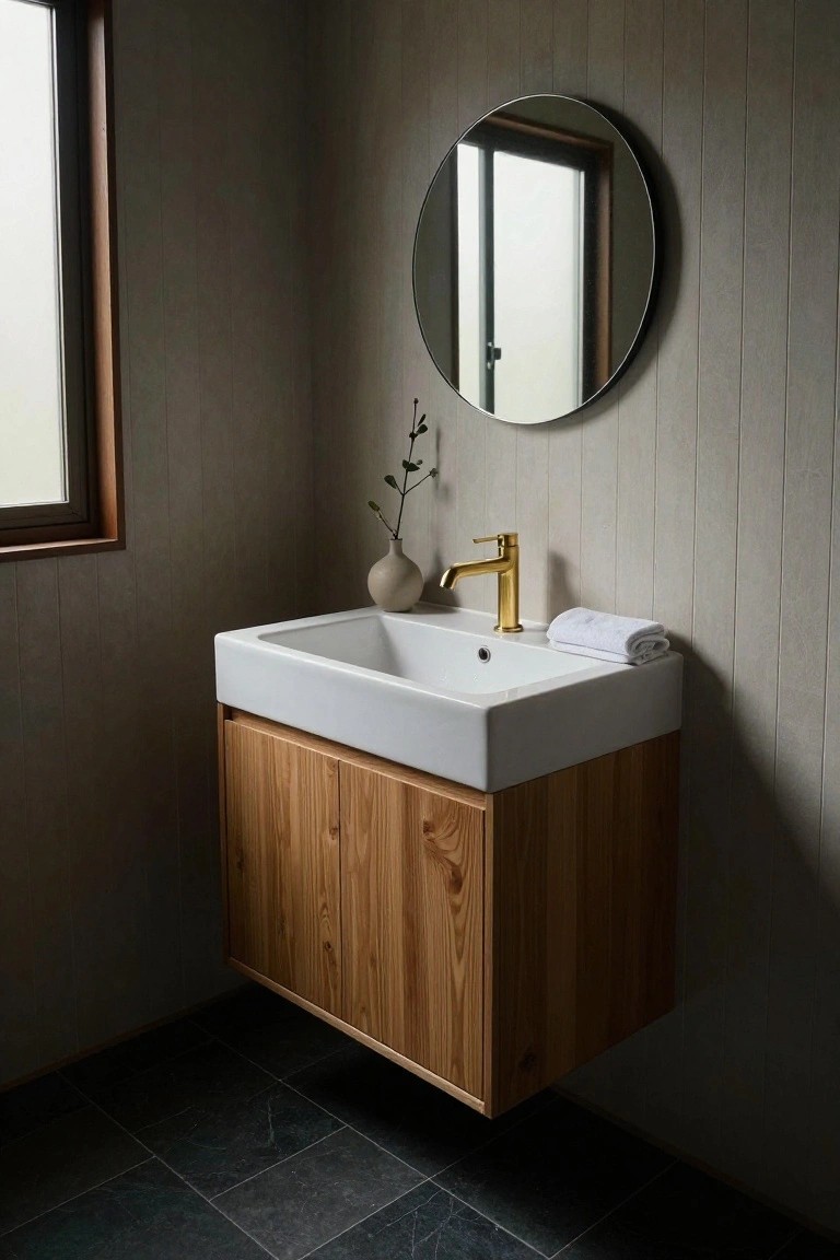 Modern bathroom featuring a white rectangular sink on a floating wooden vanity with two doors, gold faucet, folded white towel, small vase with branch, round black-framed mirror, gray vertical paneled walls, wood-framed window, and black tile floor.