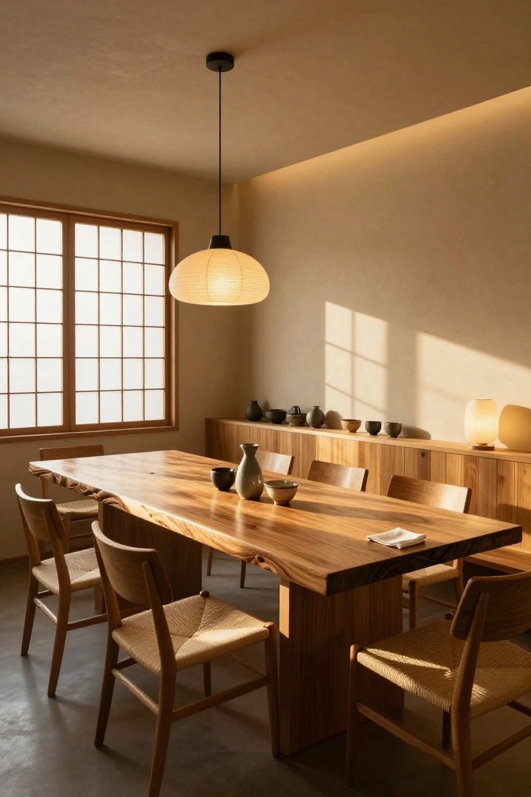 Dining room featuring a long live-edge wooden table with wooden chairs that have woven seats, pottery on wooden wall shelves, a paper lantern pendant light, and a large window with grid panes.