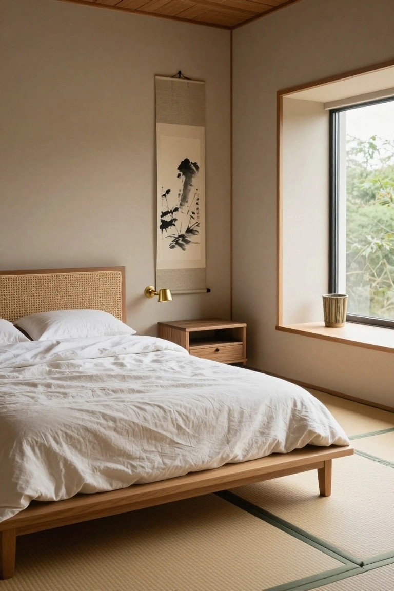 A bedroom with a low wooden platform bed draped in white linens and rattan headboard, positioned on beige tatami mats next to a nightstand, brass lamp, wooden scroll painting, and large window overlooking greenery.
