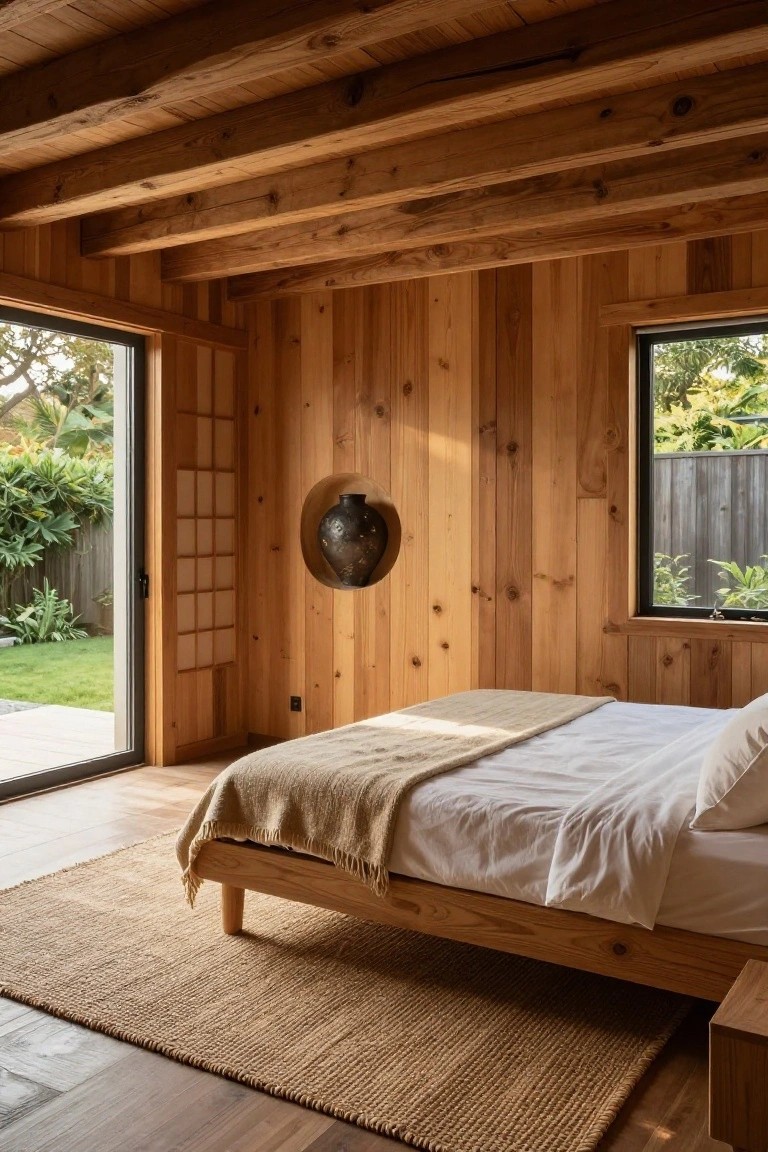 Wood-paneled bedroom with exposed beam ceiling, low wooden platform bed draped in white sheets and tan throw, seagrass rug on wood floor, shoji screen by sliding glass door open to backyard garden, and black ceramic vase in circular wall niche.