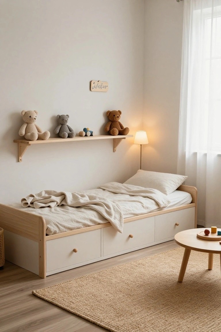 Minimalist child's bedroom with low natural wood bed having white drawers below, wooden wall shelf holding stuffed bears and wooden toys, small round wooden table with toys, seagrass rug on light wood floor, floor lamp, sheer window curtain, and wall sign.