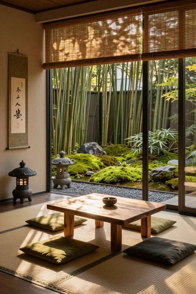 Japanese interior room with tatami mats, green cushions, low wooden table, stone lantern, and sliding glass doors open to a zen garden of bamboo, moss-covered rocks, gravel, and plants.