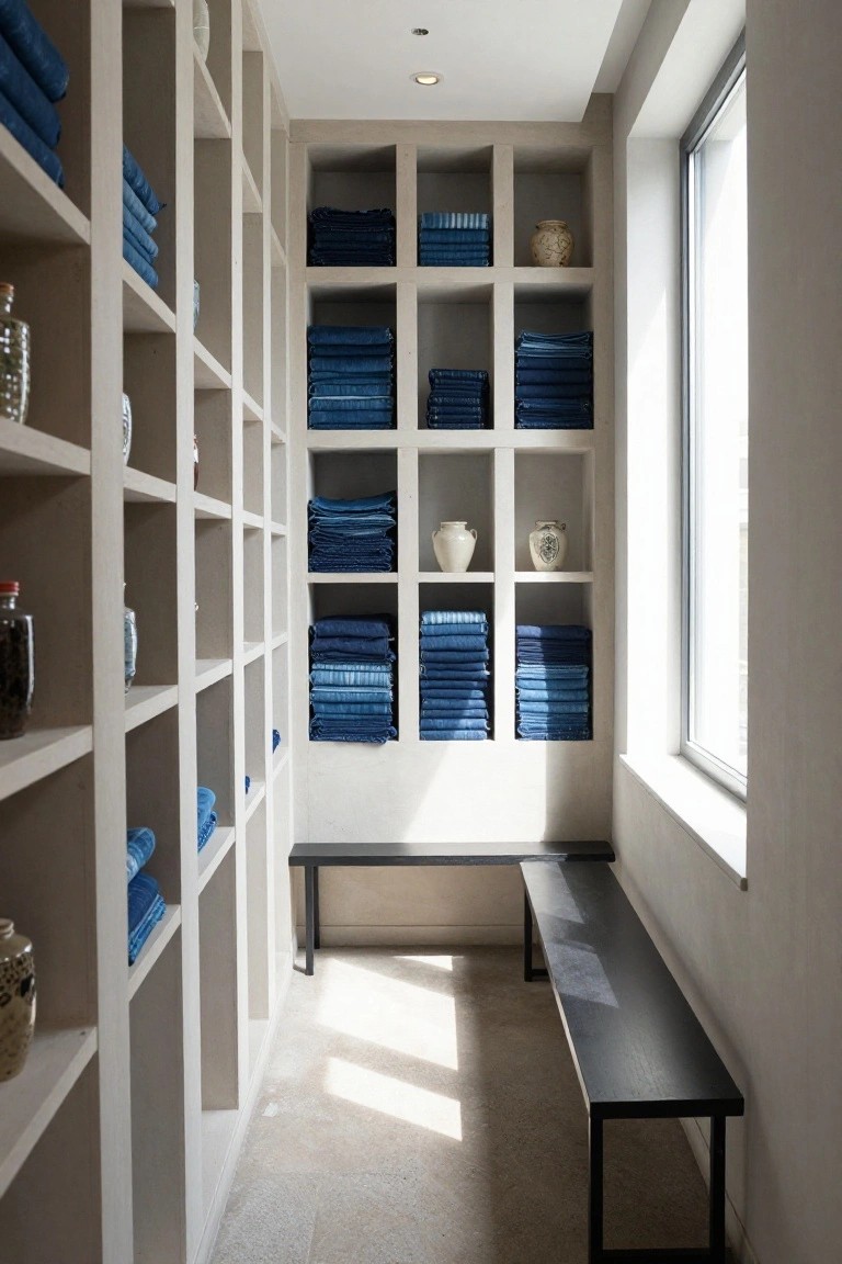 Narrow interior room with light wood open shelves stacked with blue folded towels and white ceramic vases and jars, a black wooden bench, and a tall window with natural light.