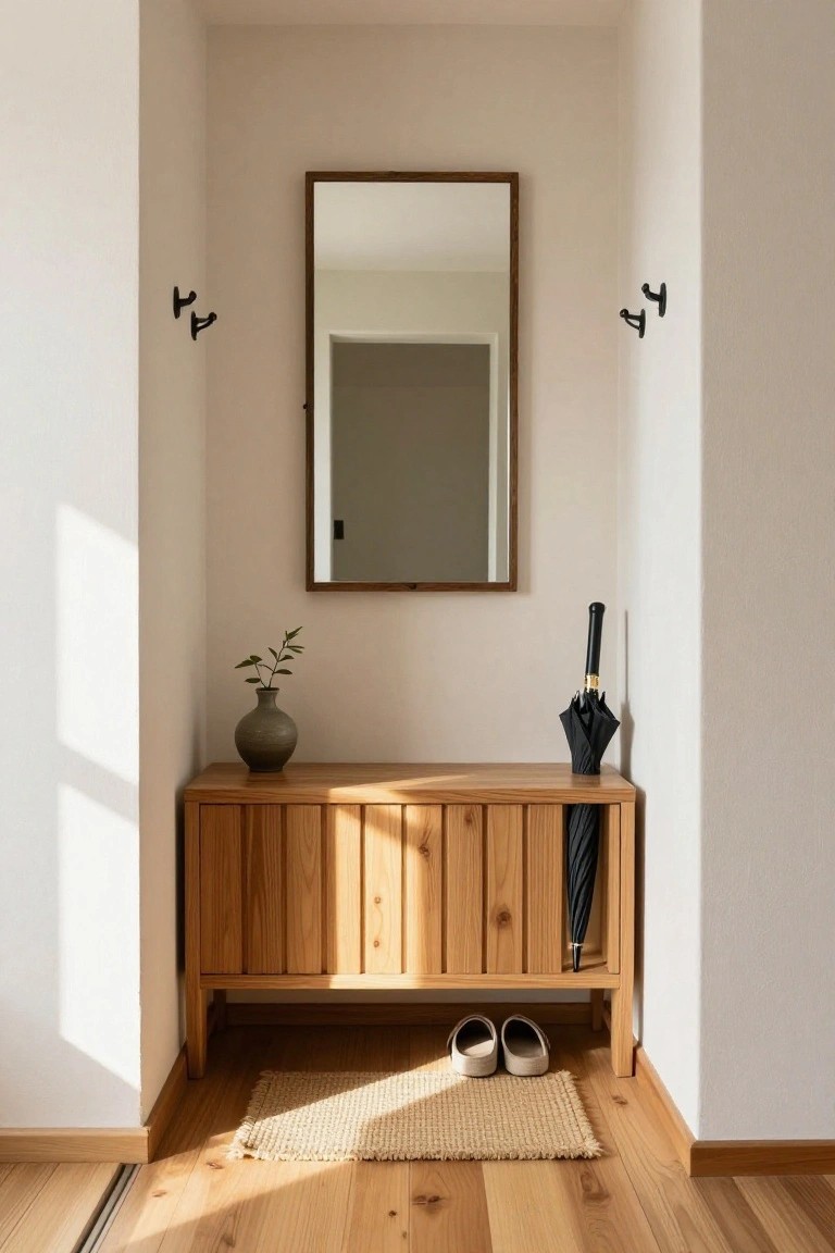 A minimalist entryway with white walls, a rectangular wooden console table holding a gray vase with green plant and black umbrella, brown-framed mirror above, black coat hooks on walls, beige slippers on seagrass rug, and light wood flooring.