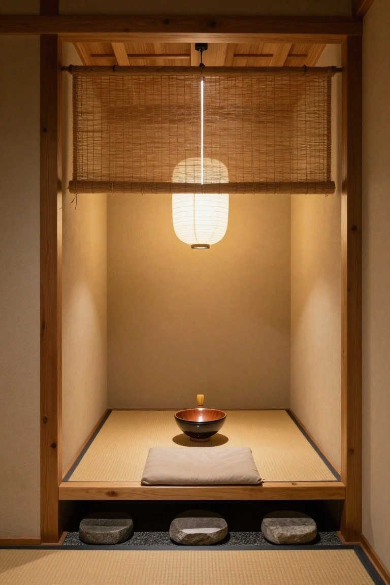 Wooden Japanese-style interior alcove with raised tatami platform, beige cushion, red bowl with incense brush, hanging white paper lantern, bamboo screen, and stone seats on gravel below.