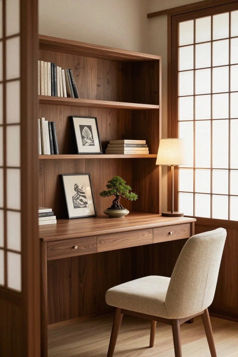 Corner home office with walnut wood built-in bookshelves, integrated desk, beige chair, bonsai plant, lamp, books, and framed art next to shoji screen and window.
