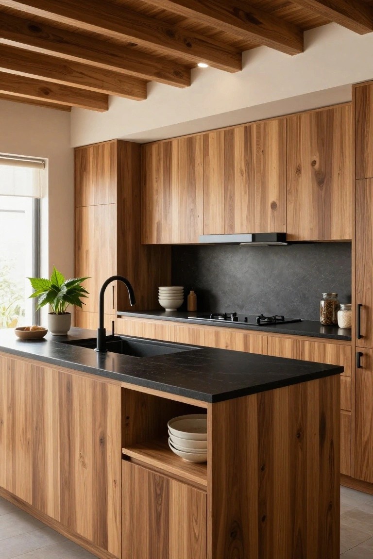 Modern kitchen with light-toned vertical-grain wood cabinets, exposed wooden ceiling beams, black stone countertops, central island sink, gas cooktop, and potted plants near a window.