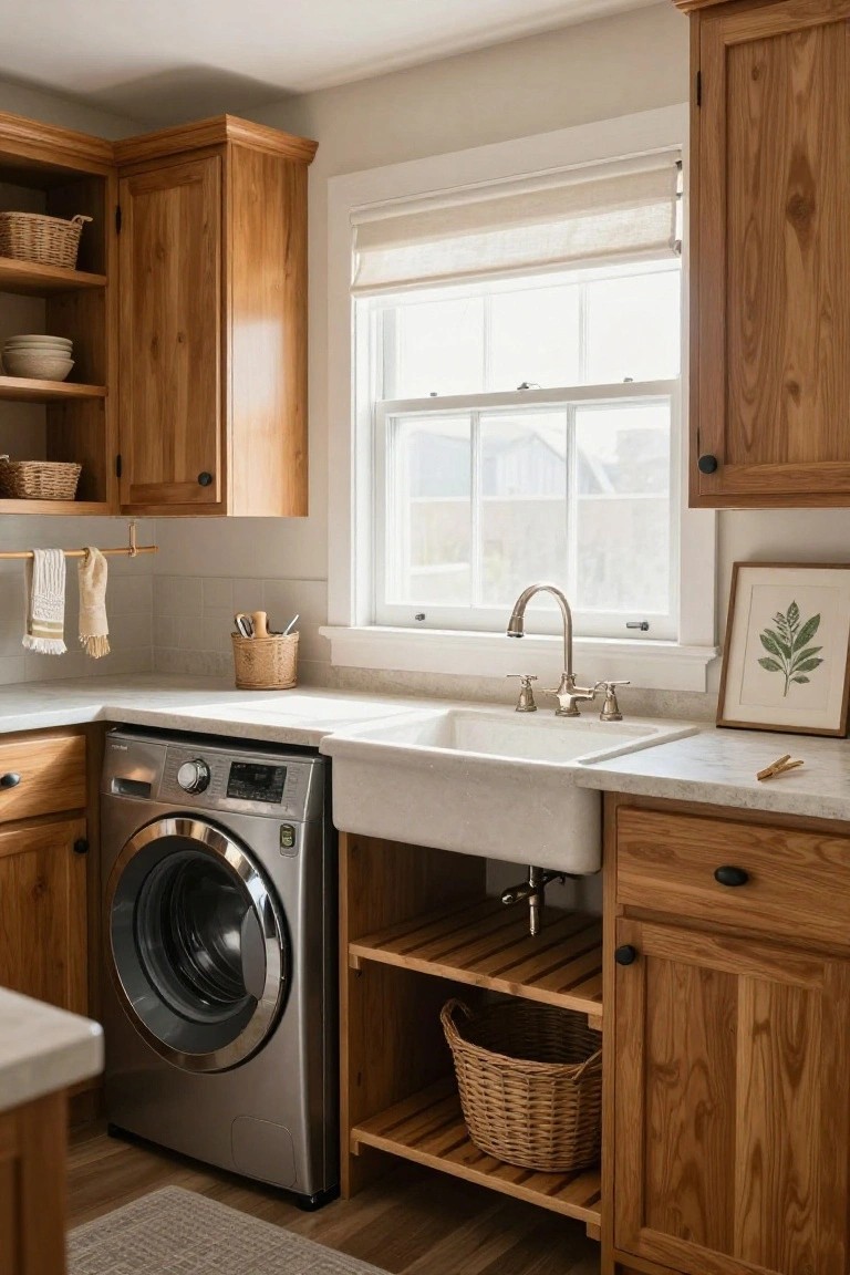 Laundry room interior with oak wood cabinets, white farmhouse sink, front-loading washer, wicker baskets on shelves and open storage, and a window with linen shade.