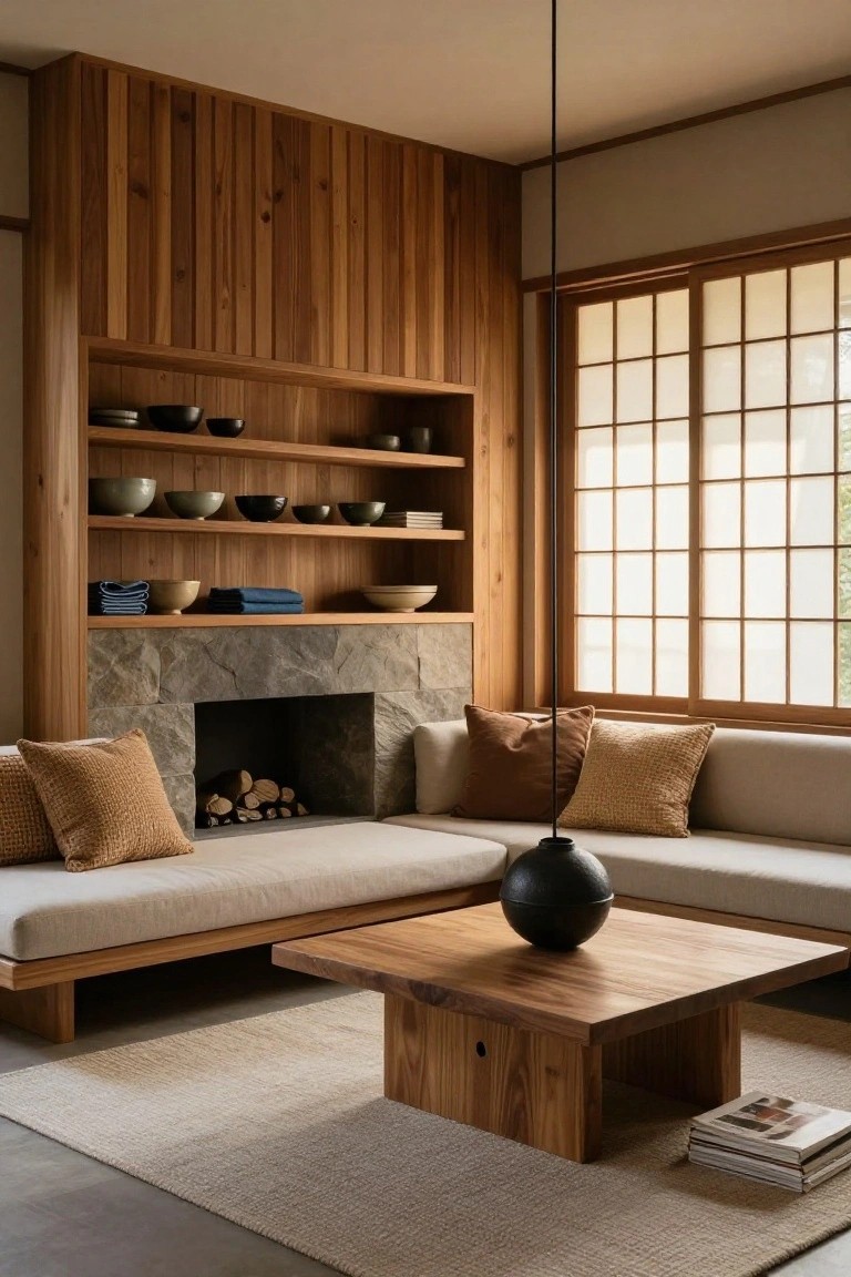 Living room interior with vertical light wood paneling on walls, built-in open shelves displaying ceramics and folded fabrics, stacked stone fireplace with logs, low beige sofa with textured cushions, low wooden coffee table holding black vase and stacked books, beige rug, and shoji screen windows.
