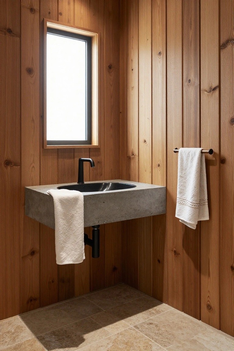 Corner bathroom with light vertical wood paneled walls, floating gray concrete sink with black faucet and drain, white towels draped on black rails, small rectangular window, and beige tiled floor.