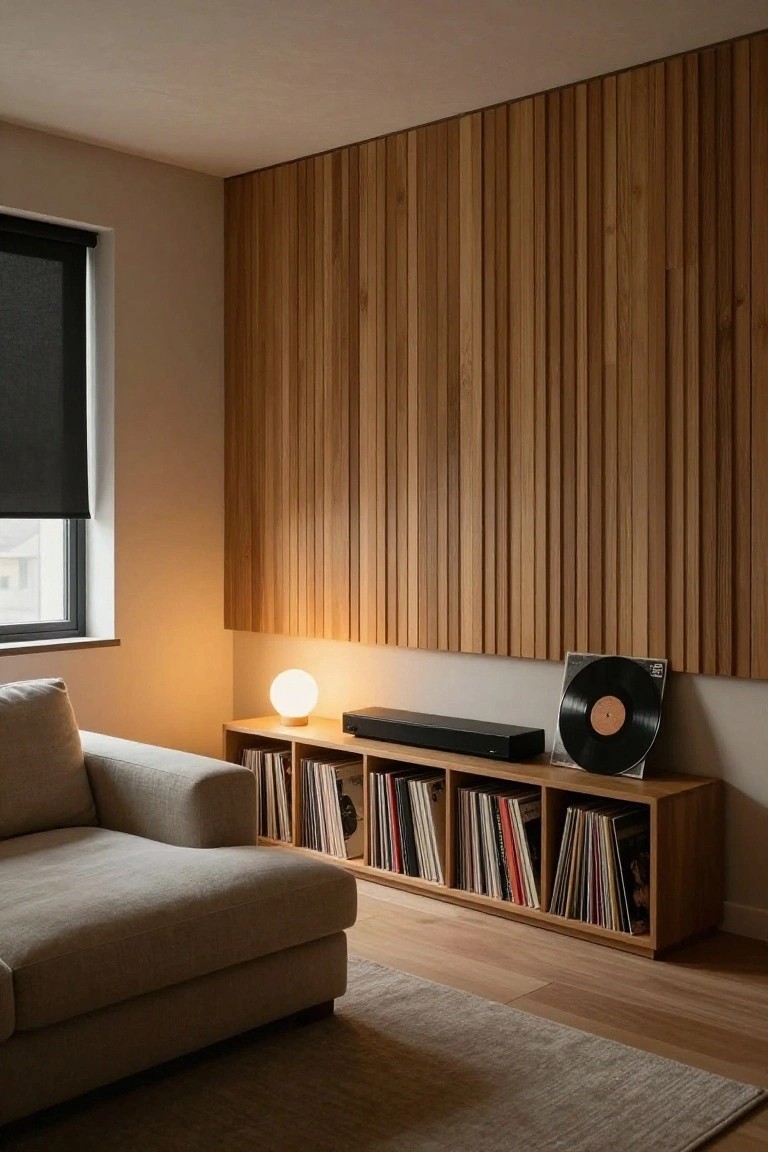 Cozy living room corner featuring a light beige sofa, tall vertical wooden slat wall, wooden shelves with vinyl records, a white globe lamp, black soundbar, and a window with blackout blind.
