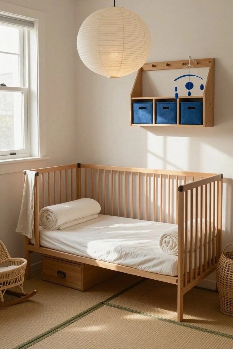Minimalist nursery interior with natural wood crib containing white sheets and rolled bolsters, wooden wall shelf holding blue fabric bins and blue mobile, large white paper lantern hanging from ceiling, tatami flooring, wicker rocking chair, and woven basket.