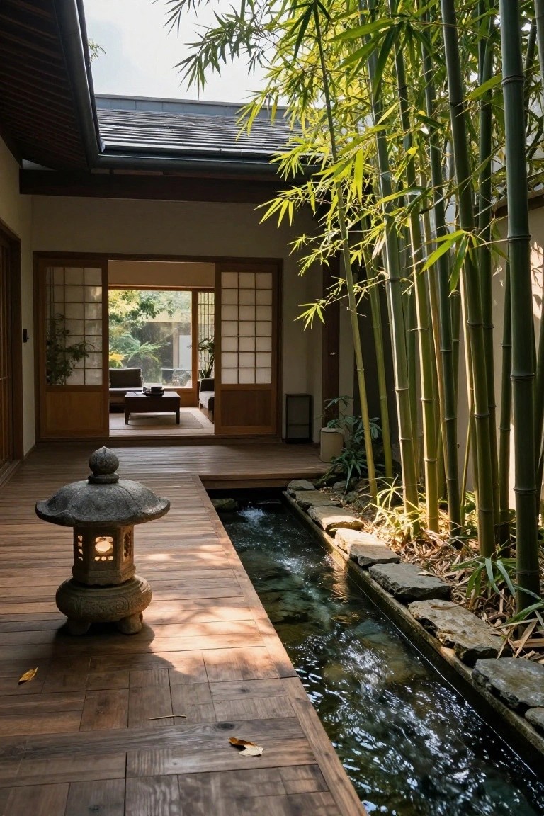 Wooden terrace platform with a stone lantern next to a narrow stone-lined water channel flowing alongside, bordered by bamboo plants and rocks, with open shoji screen doors leading to an interior room.