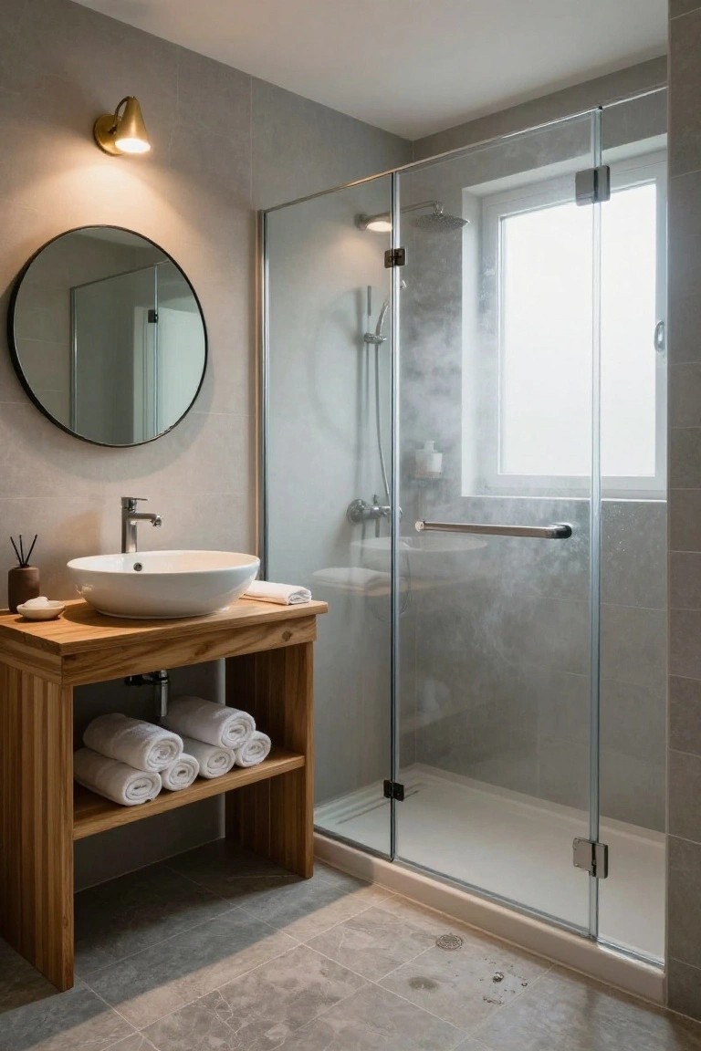 Modern bathroom with light wooden vanity holding white vessel sink, round black-framed mirror, stacked white towels underneath, glass shower enclosure with steam, neutral gray tile walls and floor.