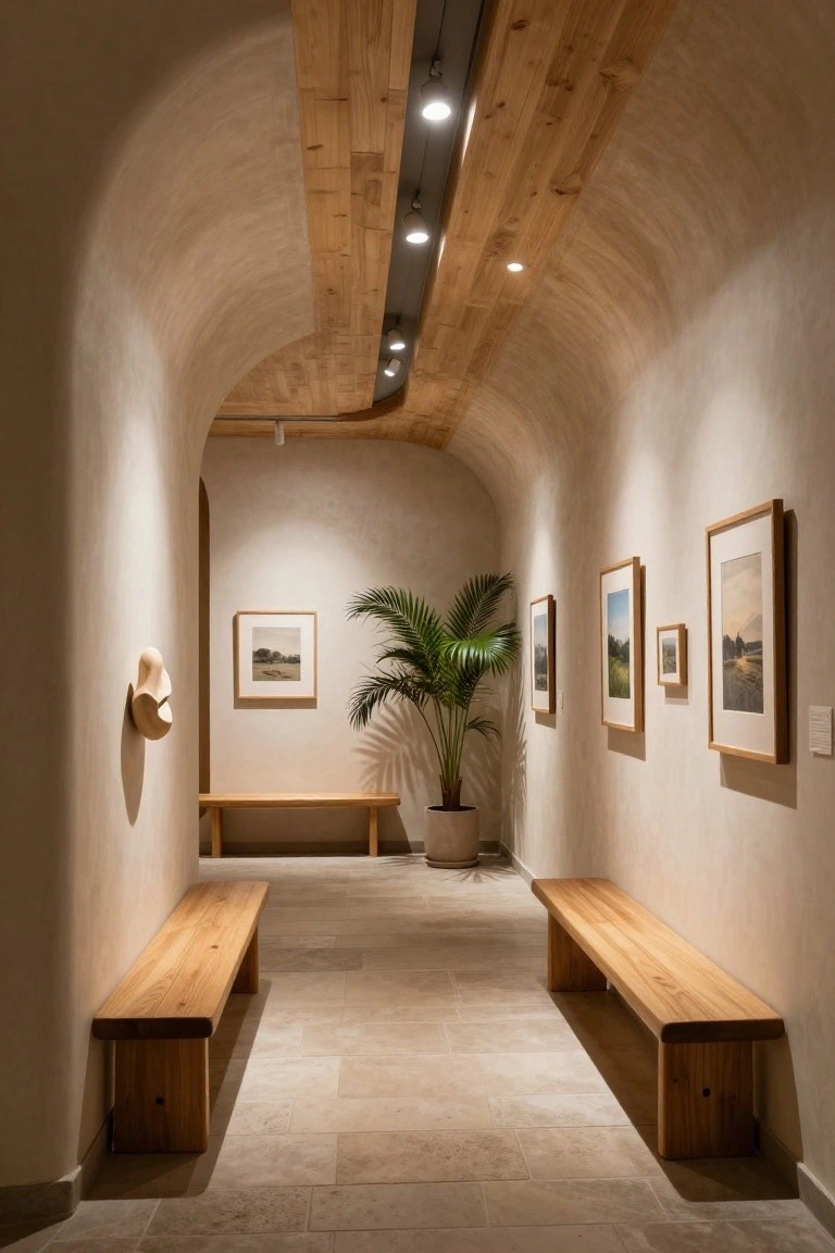 Narrow arched interior hallway with beige curved plaster walls, wooden beam ceiling and track lights, framed landscape paintings, potted palm plant, wooden benches, and wall-mounted clay sculpture.