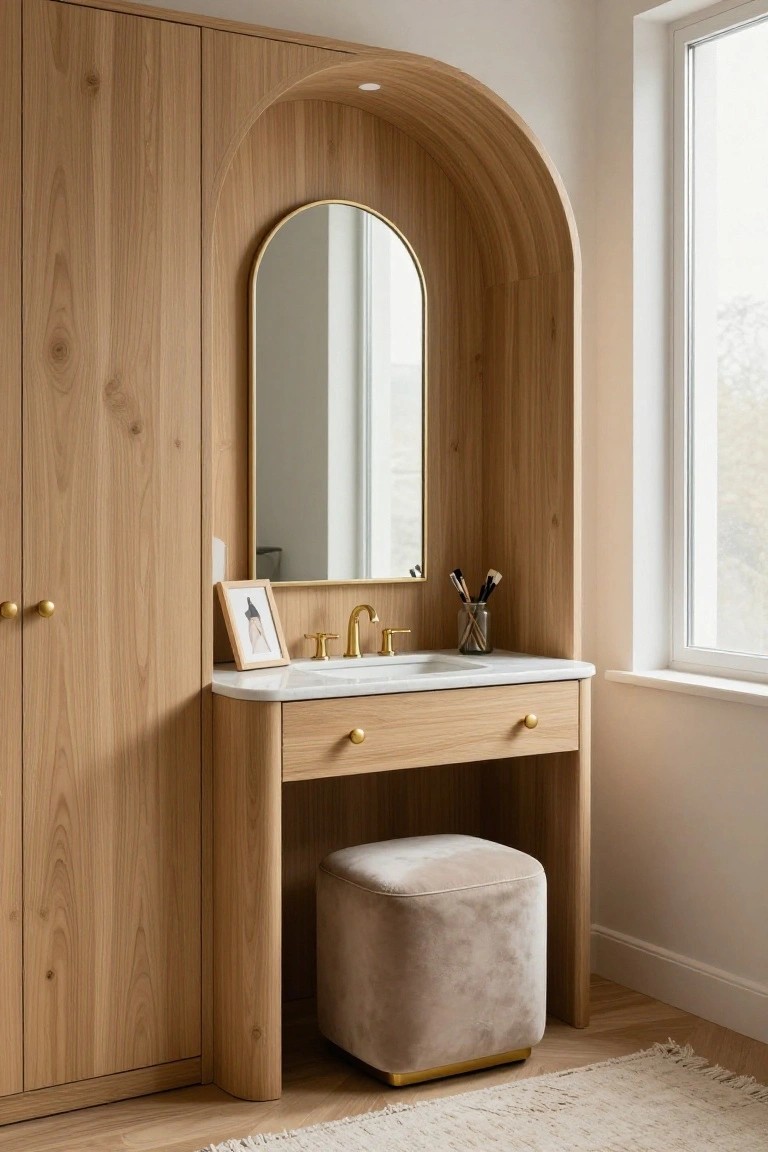 Wooden arched alcove with gold-framed arched mirror, white marble vanity sink, gold faucet, makeup brushes, photo frame, and beige upholstered stool beside double doors in a light-colored bedroom.