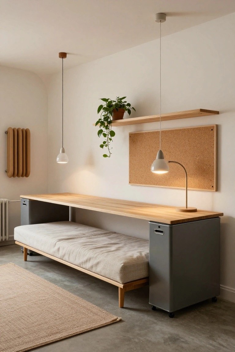 Minimalist interior room with a long wooden desk integrated with grey storage cabinets and a low daybed underneath, wooden slat radiator, pendant lights, corkboard wall, plant shelf, and beige rug on concrete floor.