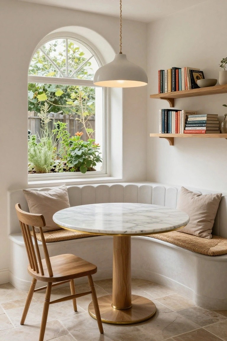 White curved scalloped banquette with beige cushions and pillows seats a round white marble table with brass pedestal base and wooden chairs in a light kitchen corner with arched window, bookshelves, and plants outside.