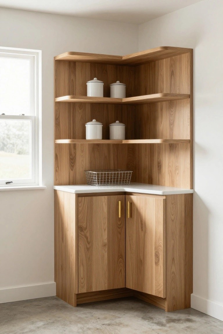 Corner kitchen cabinet unit in light oak wood with curved edges, open shelves displaying white ceramic jars, a wire basket on the white quartz countertop, lower cabinets with gold handles, positioned next to a window in a white-walled room with concrete floor.