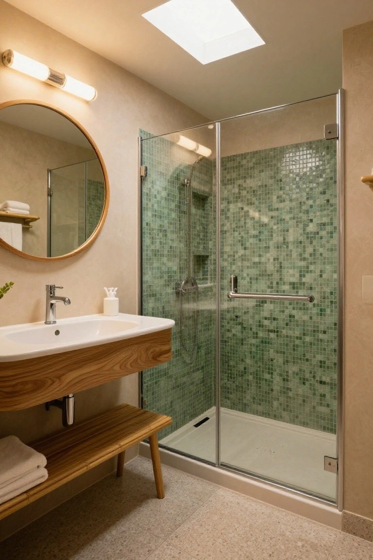 Compact modern bathroom with curved wooden vanity and bench, round wooden mirror, white sink, green mosaic tiled shower enclosure, and terrazzo floor.