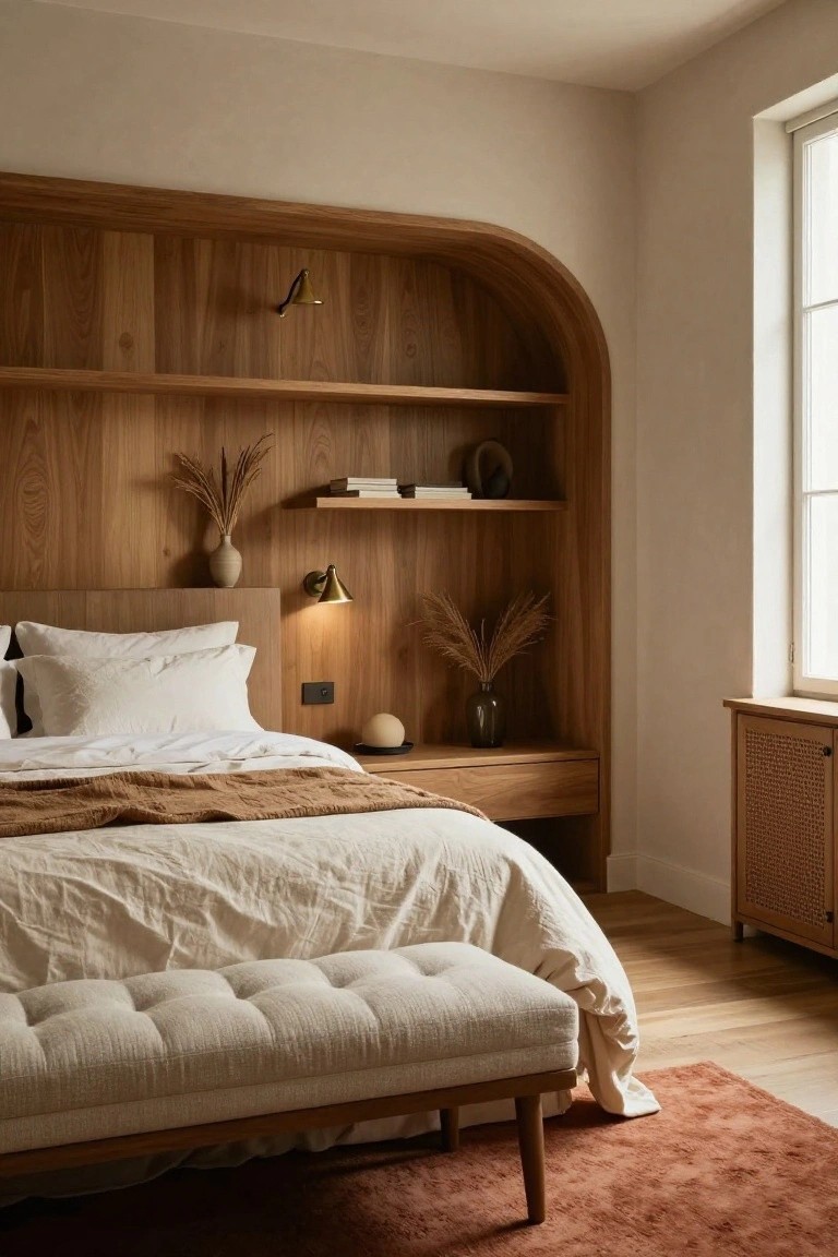 Bedroom with arched wooden headboard and built-in shelves holding books, dried grasses, and a vase, beside a bed with white pillows and beige linens, a foot bench, and a window.