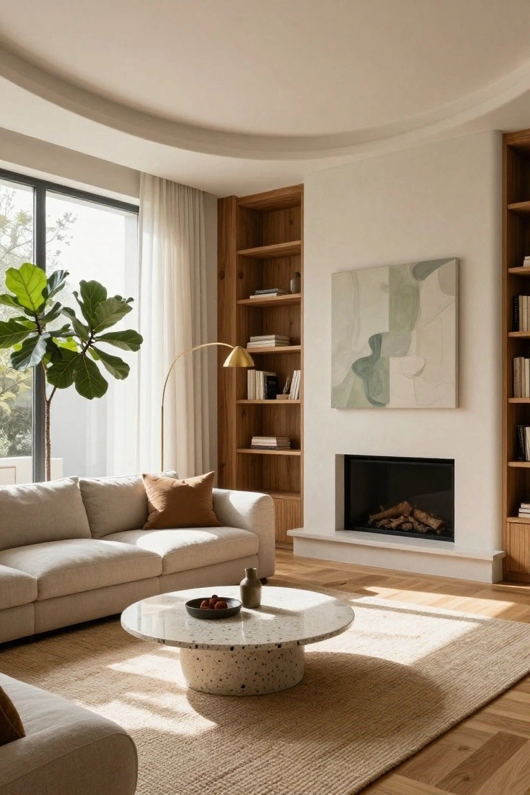 Light-filled living room with curved white ceiling, tall wooden bookshelves curving along walls beside a black fireplace, cream sofa, round terrazzo coffee table, large fiddle leaf fig plant near window with sheer curtains, and abstract green painting.