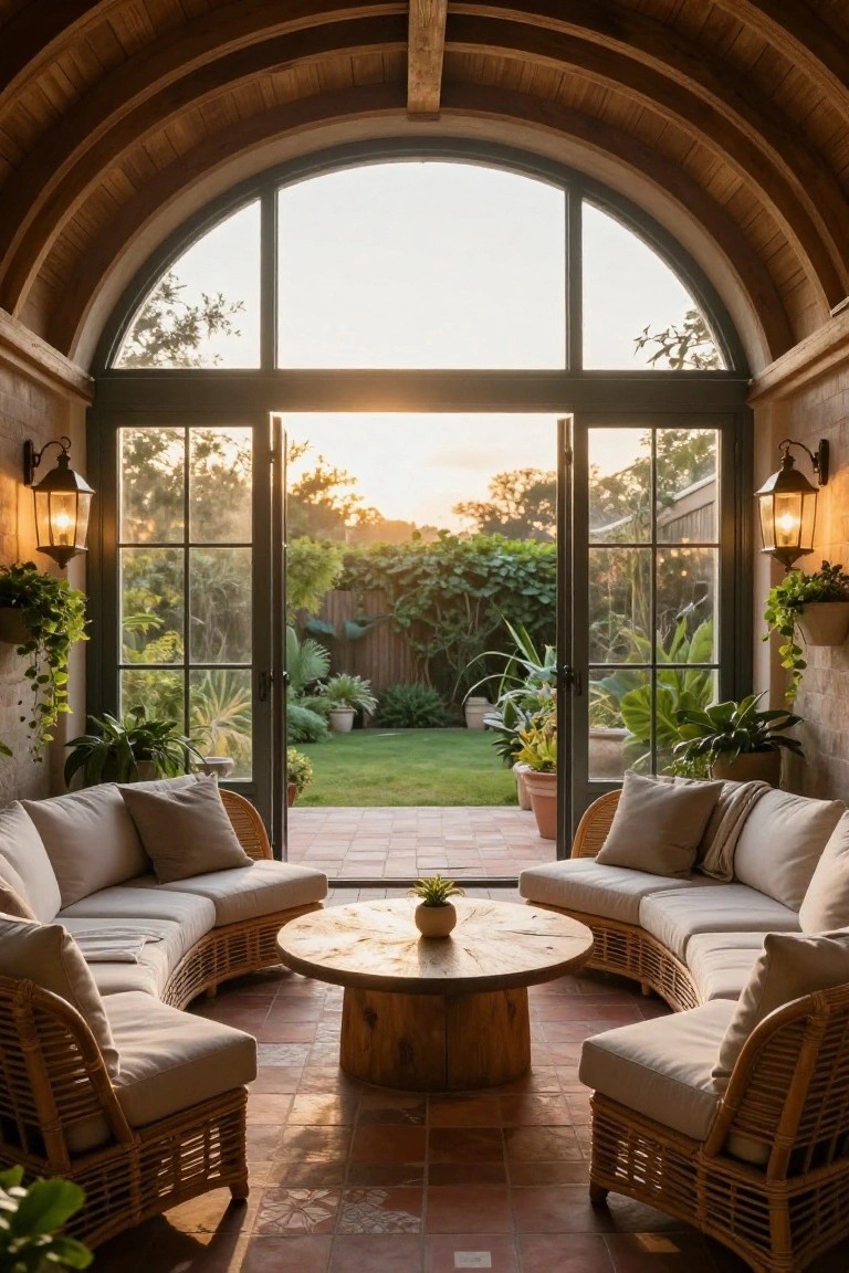 Sunroom interior with vaulted curved wooden beam ceiling, U-shaped beige wicker sofa around central wooden table, large open arched glass doors to backyard garden with greenery and grass, potted plants, wall lanterns, and terracotta tile floor.