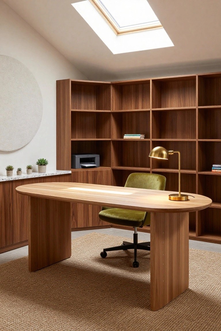 Home office interior with oval light wood desk, green velvet office chair on wheels, walnut shelving and cabinets, gold desk lamp, printer, small potted succulents, and skylight above.