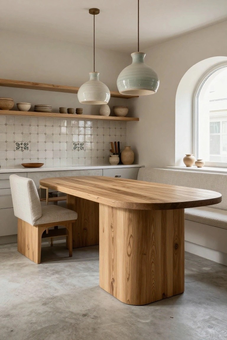 A kitchen interior featuring an oval wooden dining table with thick curved wooden legs, a cushioned bench seat, one upholstered chair, white cabinets, open wood shelving with ceramics, and an arched window.