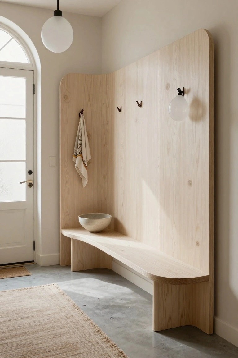Light wood curved partition in a beige entryway with hooks holding a towel, built-in bench with ceramic bowl on shelf, wall lights, white door with glass panels, and seagrass rug on concrete floor.