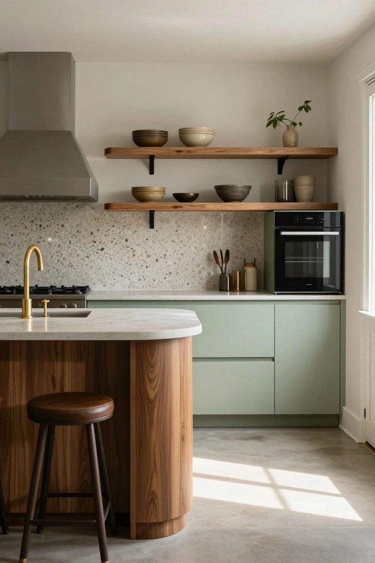 Modern kitchen interior with a curved wooden island, sage green cabinets, white quartz countertop, gold faucet, terrazzo backsplash, black oven, and open wooden shelves holding pottery and plants.