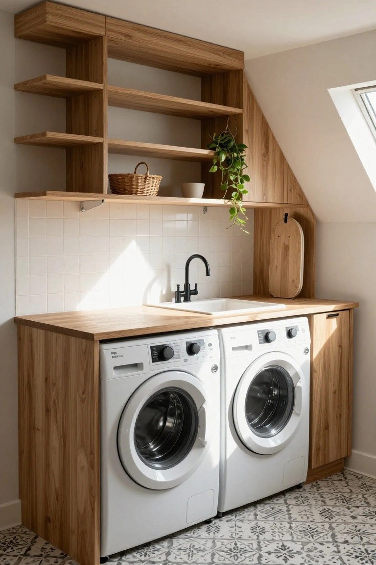 Oak wood cabinets and open shelving with curved details house two white front-loading washers and dryers in a laundry room, above a white sink with black faucet, white tiled backsplash, potted plant, and woven basket on shelf.