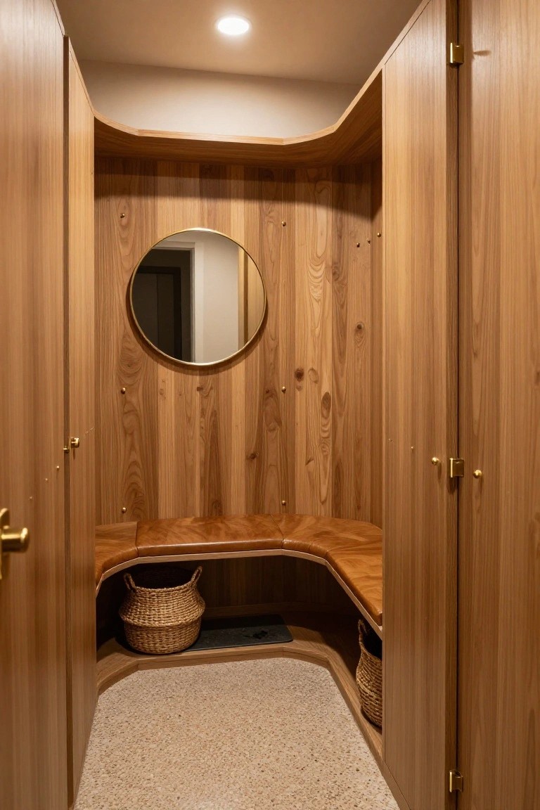Curved wooden interior space with light wood paneling, round gold-framed mirror, built-in tan leather bench, wicker baskets underneath, brass hooks, and paired wooden doors.