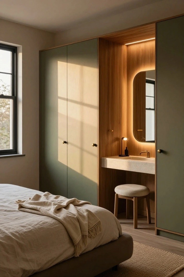 Bedroom with green wardrobes flanking a curved wooden niche containing an oval mirror, white sink, lamp, stool, and a bed with white linens in the foreground.