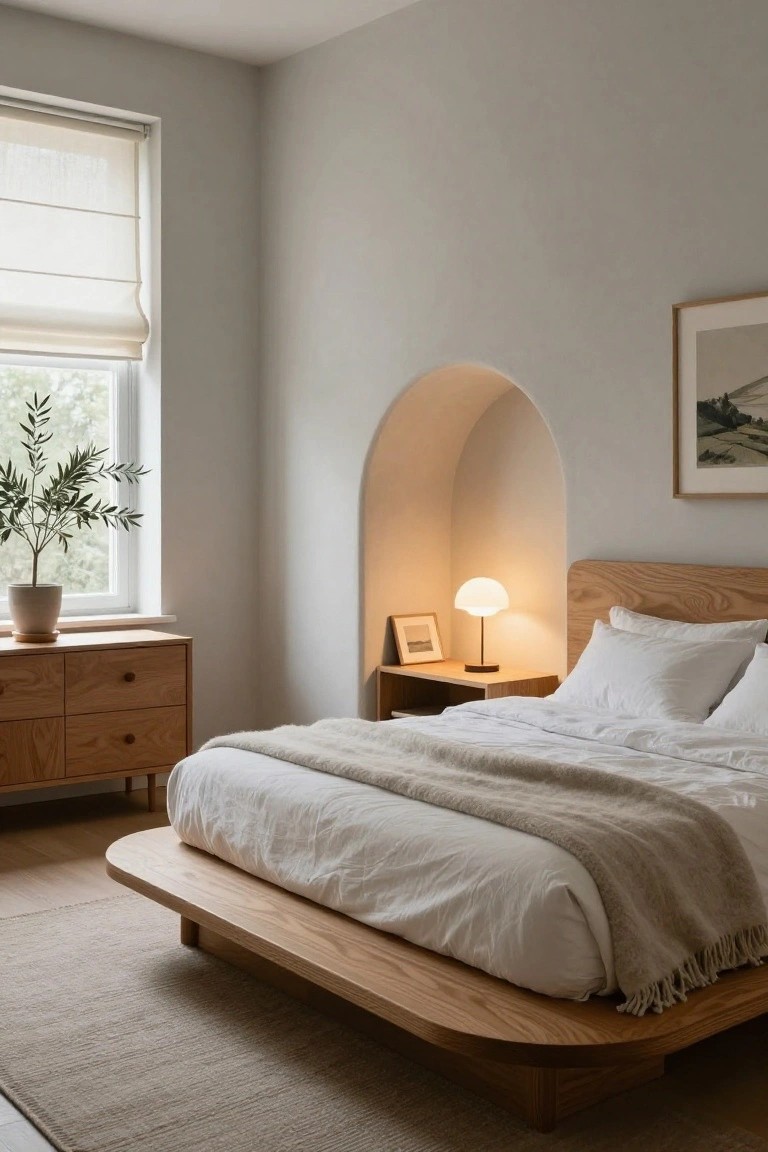 Modern bedroom interior with low curved oak platform bed, white bedding, wooden dresser, arched niche with lamp and photo, potted olive tree by window with sheer roller shade, light wood floor and neutral walls.