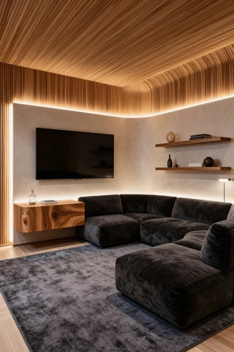 Contemporary living room with curved light wood slat ceiling and wall panels, wall-mounted black TV on beige wall with floating wood shelves, dark gray velvet L-shaped sofa, wood side table, gray area rug, and LED strip lighting.