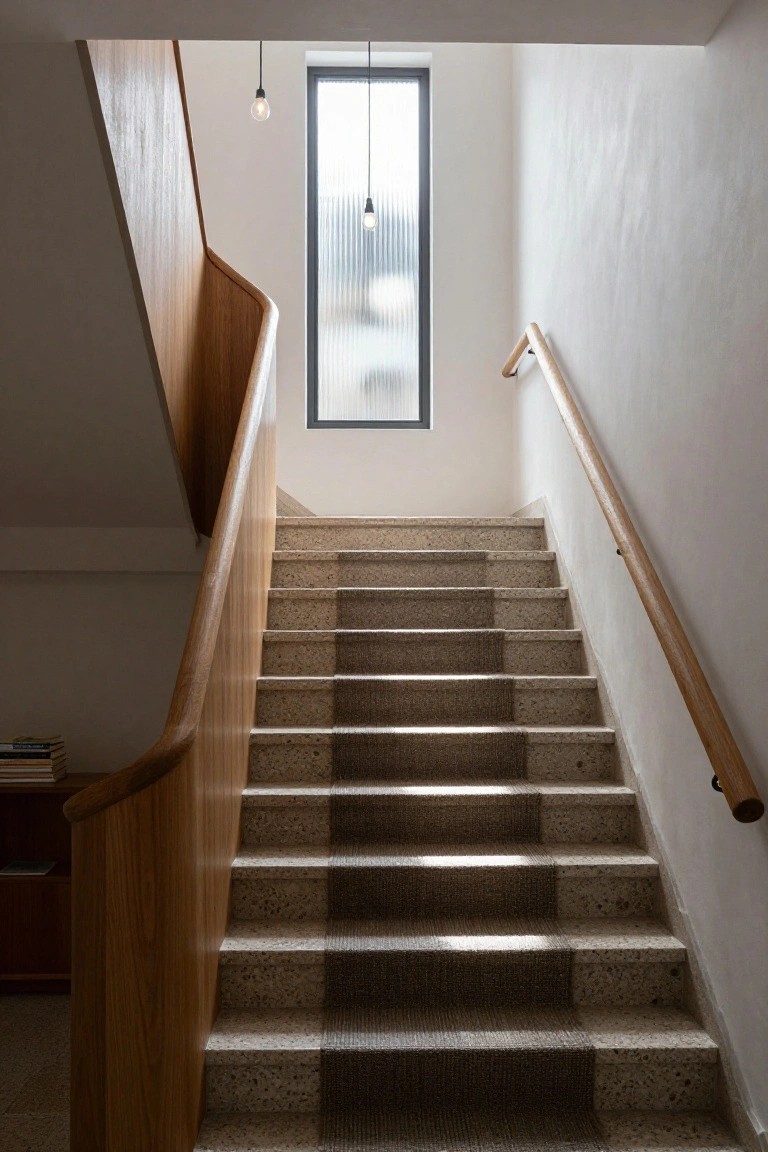 Indoor staircase featuring curved wooden handrail and balustrade, terrazzo steps with brown carpet runners, slim vertical window with pendant lights above, and wooden bookshelf nearby.
