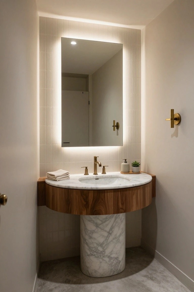 Modern bathroom with curved walnut wood vanity on white marble pedestal sink, backlit rectangular mirror, gold faucet and sconce, folded white towels, and potted succulent on counter.