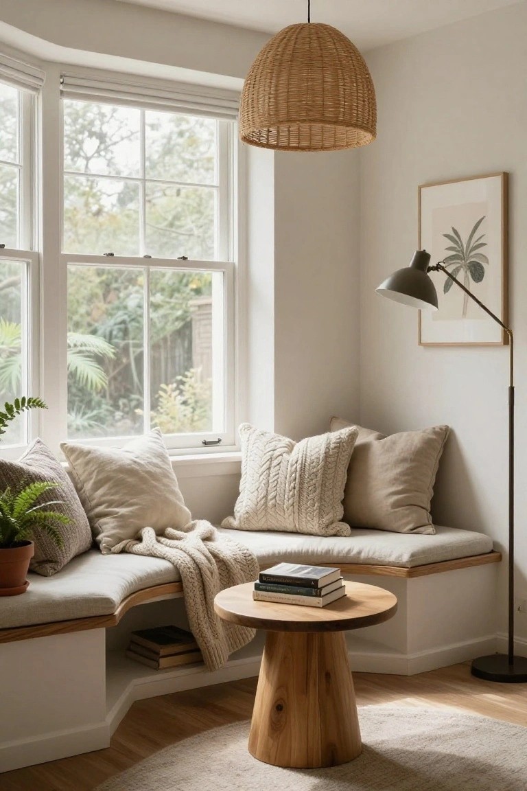 Cozy interior bay window nook with curved built-in bench seat, beige linen cushions, knit pillows, wool throw blanket, wood pedestal table with stacked books, potted fern, arched floor lamp, and framed botanical print on white walls.