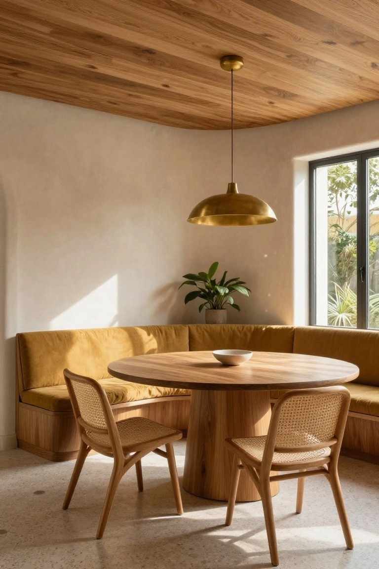 Interior dining nook with curved yellow upholstered booth on wooden base, round wooden table, two rattan chairs, white bowl on table, gold pendant light, potted plant, beige walls, wooden ceiling, and window with outdoor greenery view.