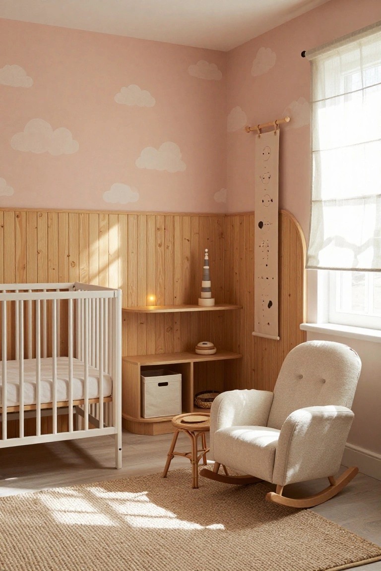 Pink nursery room with white crib, pine wood paneled wall with built-in shelves and toys, cream curved rocking chair on wooden rockers, small stool, height chart hanger, and sheer window curtains.